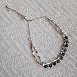 Sterling Silver Beaded Bracelet with Green Gem Accents